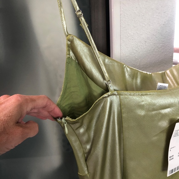 Urban Outfitters "Mallory" Asymmetric Slip Dress - Metallic Lime Green Size S - Picture 7 of 13